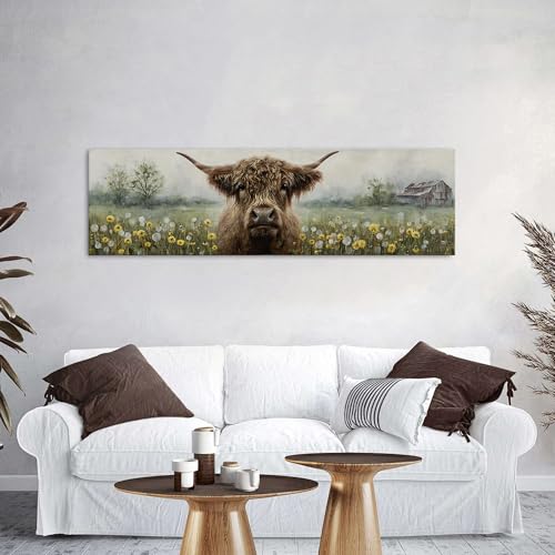 48 Inch Highland Cow Farmhouse Wall Art - Rustic Dandelion Scene for Living Room