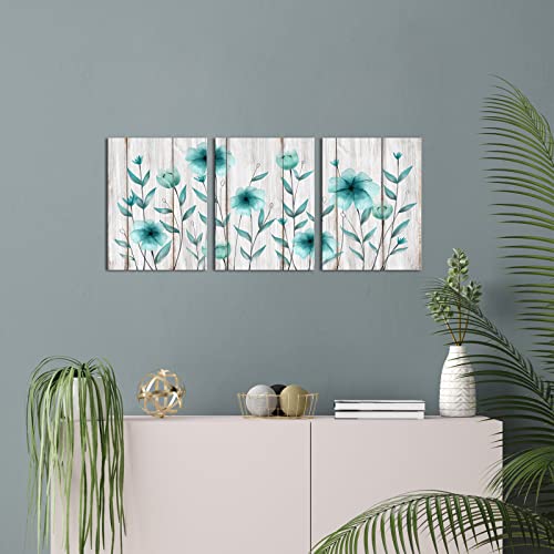 3 Piece Floral Canvas Wall Art Set - Teal Blue Flower Prints for Bedroom & Home Decor