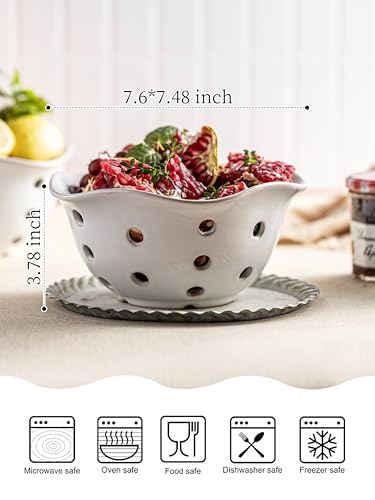 Ceramic Fruit Basket Set - 7.6 Inch White Berry Bowls with Drainage Holes, Floral Variation