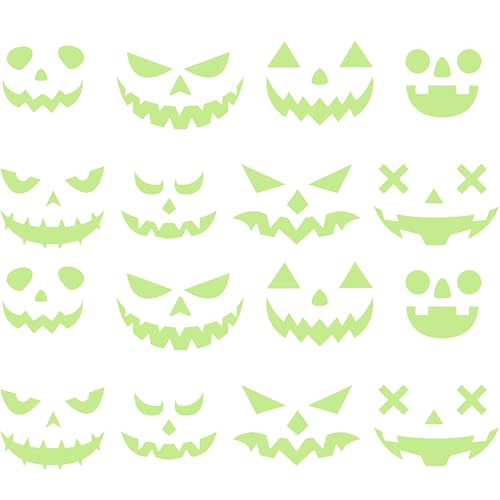Glow Pumpkin Face Stickers 16 Pcs Glow in The Dark Halloween Window & Wall Decor - Waterproof Ghost Eyes Party Stickers