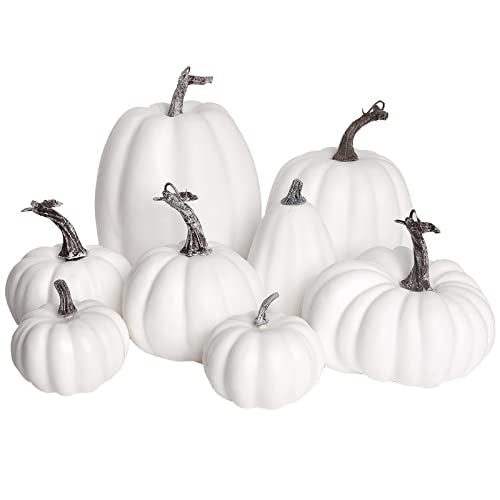 White Fall Artificial Pumpkins Set - Large & Assorted Size Halloween Thanksgiving Decor