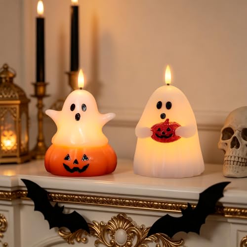 Halloween Ghost Pumpkin Flameless Candle Set - Cute Ghost Decor with Remote - 2 Pack