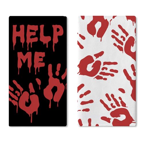 Halloween Bloody Hand Prints Kitchen Dish Towels Set of 2 - Help Me