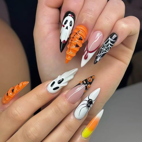 KASOICRA Halloween Press On Nails Long Stiletto French Tip Style C029 Medium