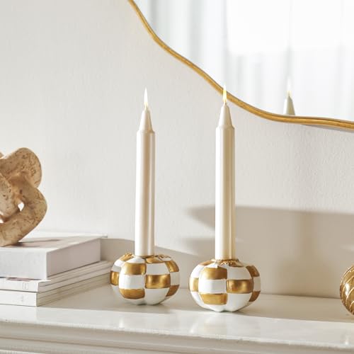 Fall Pumpkin Candle Holder Set - White & Gold Checkered Decor, 2PCS
