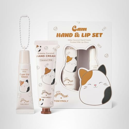 TONYMOLY x Squishmallows Cam the Cat 2-Piece Set – Coconut Milk Hand Cream & Frosted Milk Lip Gloss – Cute Korean Skincare & Beauty Gift for Women & Teens