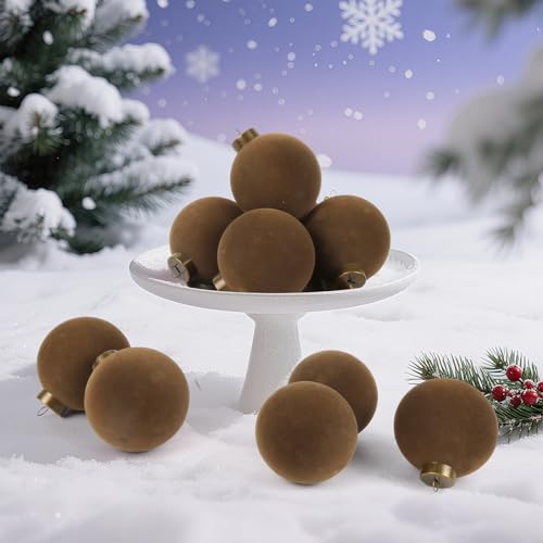 Christmas Velvet Ball Ornaments Set - Brown 15pcs with 10 Bows - Flocked Holiday Decor - Variation of Brown