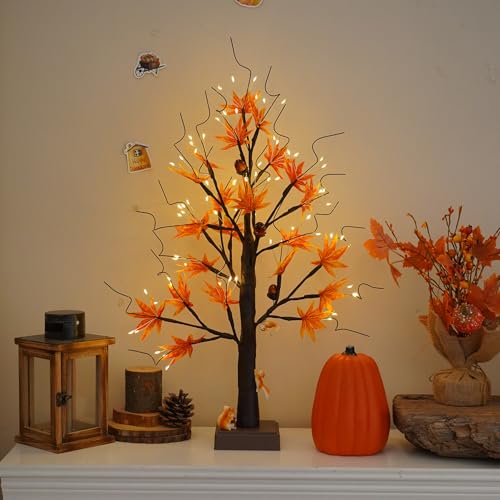 2ft Artificial Fall Maple Tree with 72 LED Lights - Warm White, Battery & USB Powered