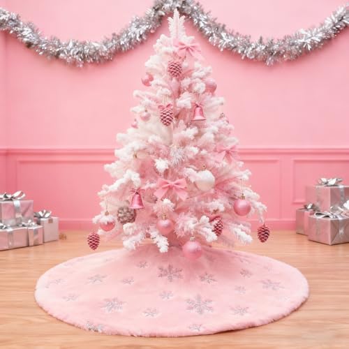 Pink Christmas Tree Skirt 48 Inch Silver Sequin Snowflakes Faux Fur