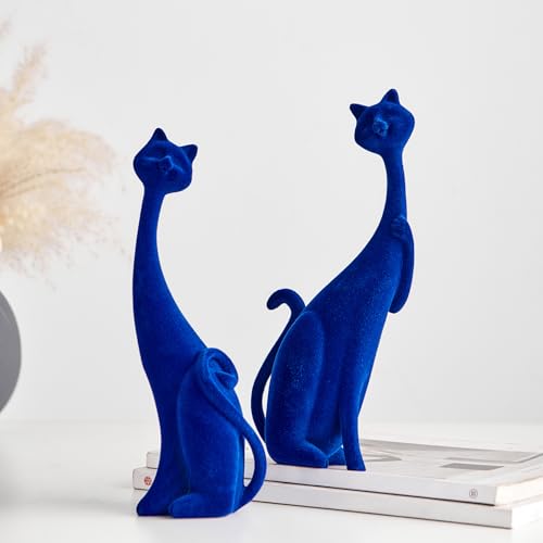 Navy Blue Cat Statue Couple Figurines - Modern Resin Table Decor for Living Room Office