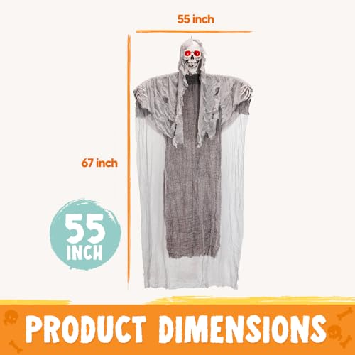 67-Inch Hanging Grim Reaper Halloween Decoration with Lighted LED Eyes