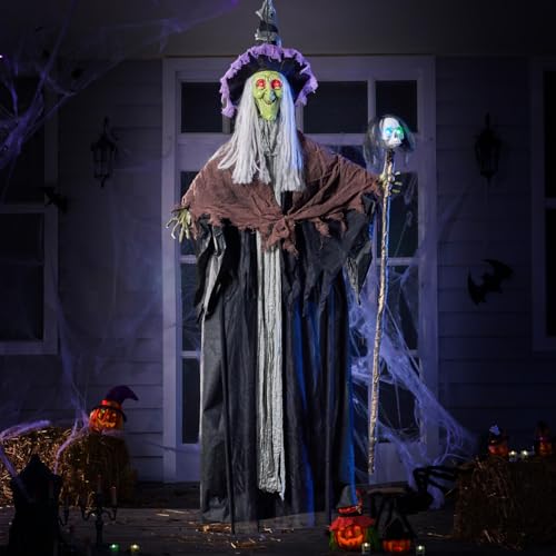Halloween Hanging Witch Decor with Light-Up Skull Wand Outdoor Spooky Decoration