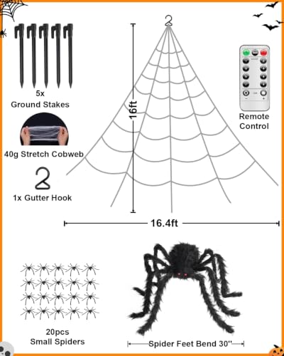 Giant Luminous Spider Web Halloween Decorations Lights with Spider & Remote
