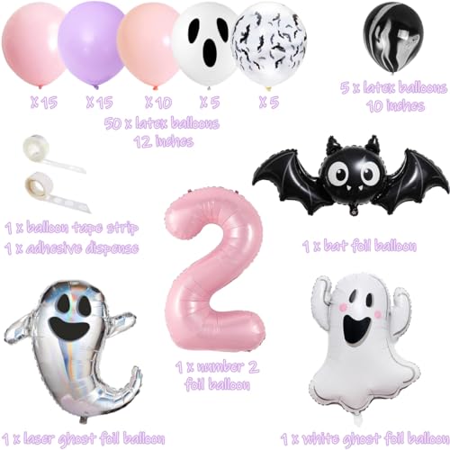 Halloween 2nd Birthday Party Banner & Cake Topper Set Ghost Bat Balloons Pink Purple