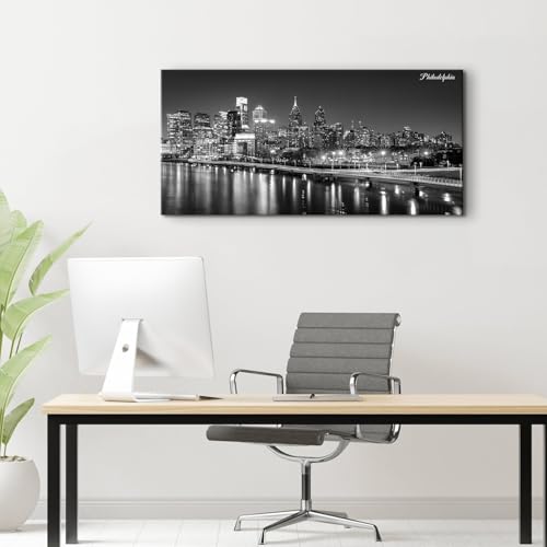 Philadelphia Skyline Wall Art Canvas - Black & White Cityscape, 40L x 20W, Modern Philly Night View