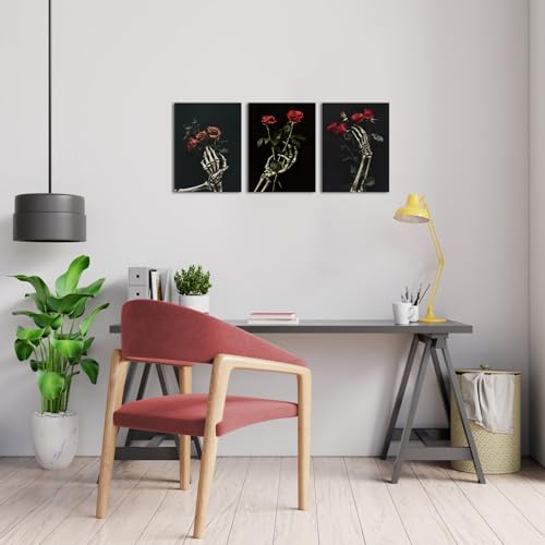 Skull Wall Art Decor Set - Black and Grey Halloween Pictures for Bedroom Living Room