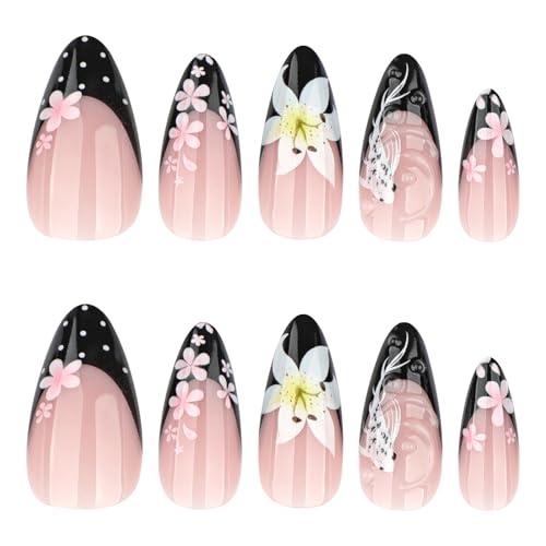 French Black Tip Almond Press-On Nails Long White Lilies - Variation L20