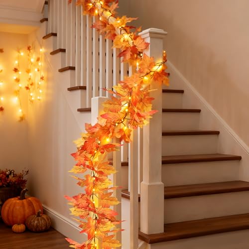 9.8FT Fall Garland with 60 LED Lights - Battery Operated Maple Leaves, 8 Modes Indoor Outdoor Decor