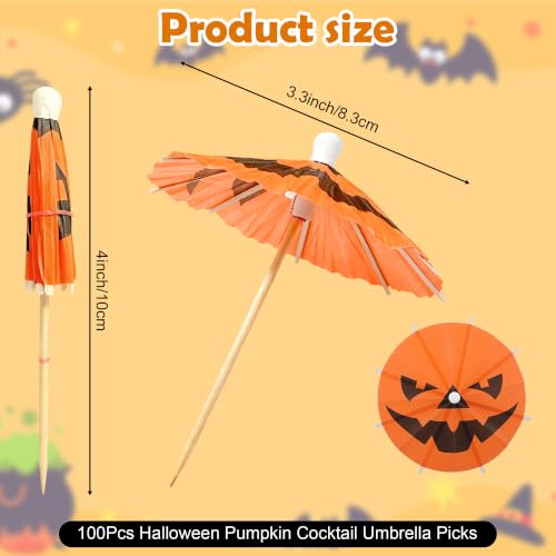 Halloween Pumpkin Cocktail Umbrellas - 100 Mini Food Picks for Drinks & Desserts