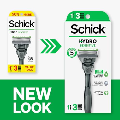 Schick Hydro Sensitive 5-Blade Razor for Men - 1 Handle & 3 Refills - Sensitive Skin