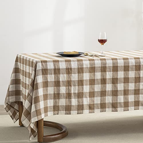 Everly Linen Tablecloth 60x120 Inches Brown Plaid Rectangular For Dining & Events