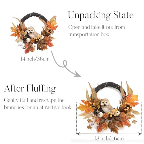 18-Inch Fall Wreath with Owl, Pumpkin & Lights - Rustic Autumn Decor