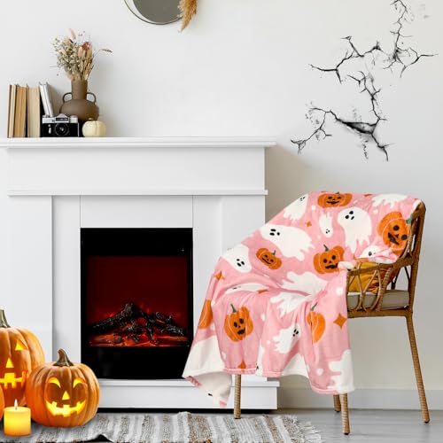Halloween Fuzzy Flannel Throw Blanket 60x70 Inch Pink Ghost Pumpkin Design