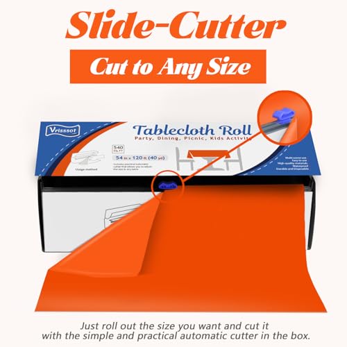 Disposable Plastic Table Cover Roll 54x1440 Inches with Cutter - Orange, Party & Picnic Use