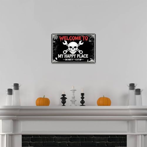 Halloween Decorations Welcome to My Happy Place Metal Sign TPH372 Gothic Skull Wall Art