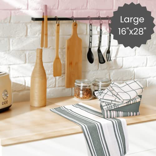 Cotton Clinic Assorted Kitchen Towels 5 Pack Grey White - Soft Absorbent & Quick Drying