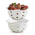Ceramic Fruit Basket Set - 7.6 Inch White Berry Bowls with Drainage Holes, Floral Variation
