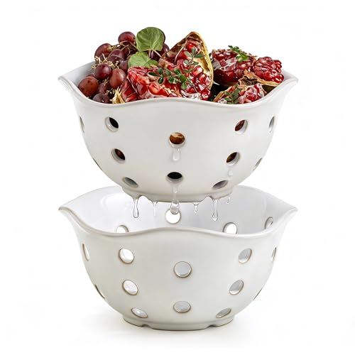 Ceramic Fruit Basket Set - 7.6 Inch White Berry Bowls with Drainage Holes, Floral Variation