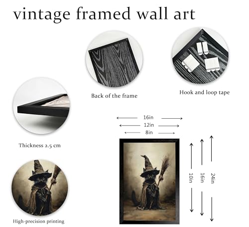 Black Cat Witch Wall Art - 16x12 Inch Framed Halloween Decor - Cat Variation