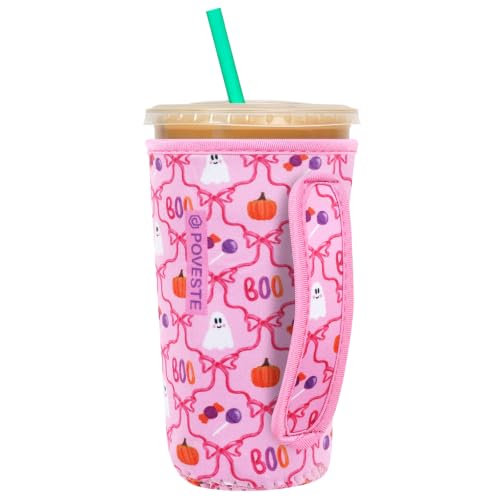 Large 32oz Neoprene Insulator Sleeve for Iced Coffee & Cold Drinks - Halloween Bow Design