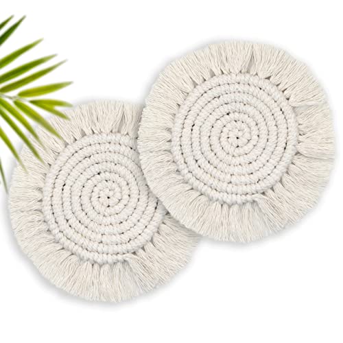 Boho Cotton Coasters for Drinks - Handmade Beige 7.4in Set of 2