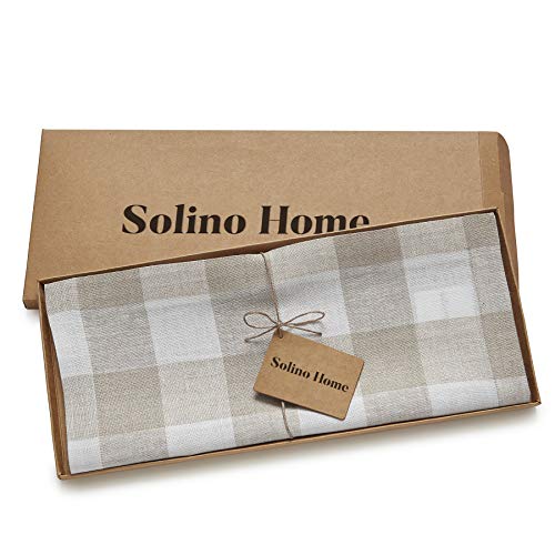 Linen Table Runner 14x120 Inches with Natural White Check - Handcrafted, Machine Washable