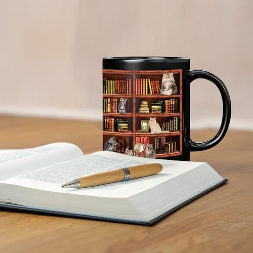 Book Lover Mug - 11oz Ceramic Coffee Cup with Book and Cat Design