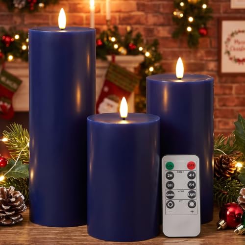 Navy Blue Flameless LED Candles Set - 3 Sizes with Remote & Timer