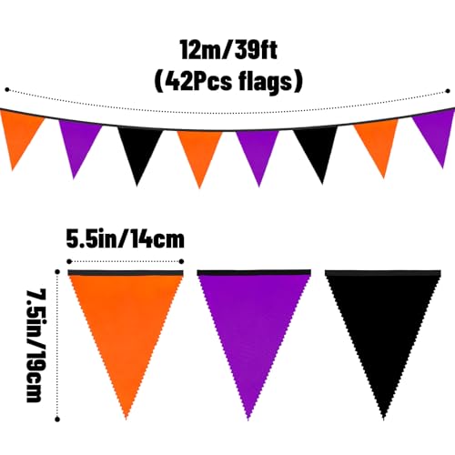 Halloween Pennant Banner - Black, Orange & Purple Fabric Triangle Bunting - 39Ft Indoor Outdoor Party Decor with Variation Black Orange Purple