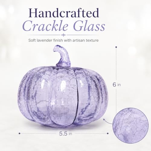 Lavender Crackle Glass Pumpkin Light - 5.5 Inch Battery-Operated LED Decor with 3 Modes & 6H Timer