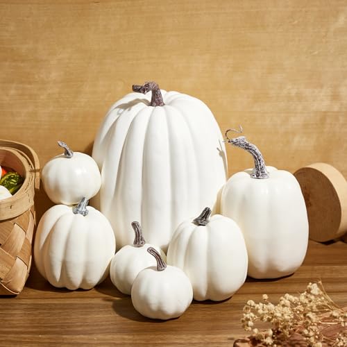 Artificial Pumpkins Set - White, 7 Varied Sizes for Autumn Fall Halloween Thanksgiving Farmhouse Decor