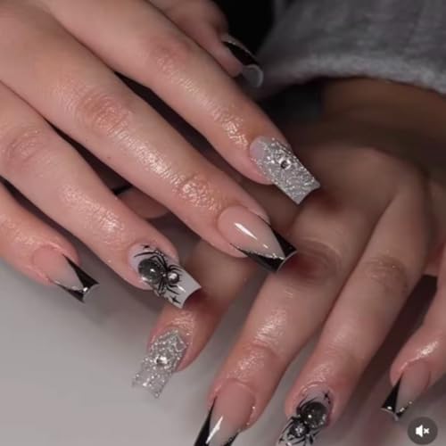 Halloween Long Coffin Press On Nails with Silver Glitter & Spider Web Design - Variation of Halloween Nails12