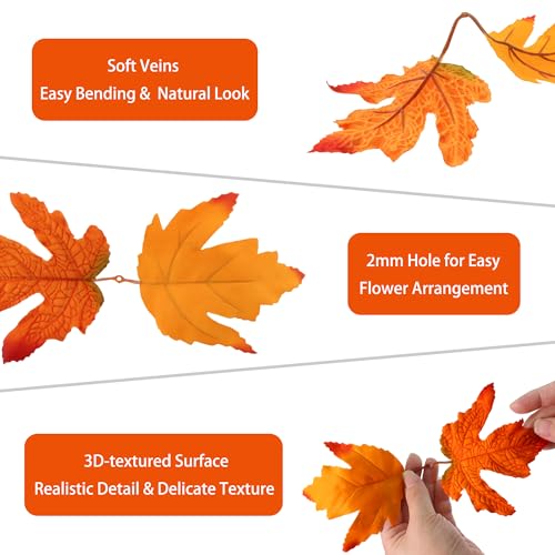 Artificial Maple Leaves Bulk 50 Pcs 2-Leaf Fall Decor - Orange Yellow & Red Variation