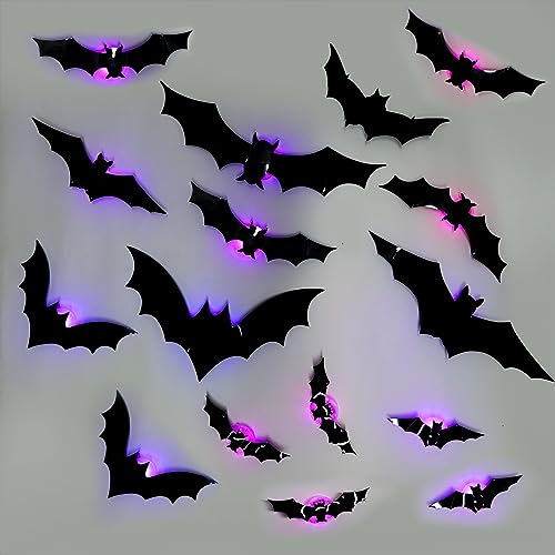 Halloween LED Bat Wall Stickers Set - 12 Bats in 5 Sizes, Reusable & Easy to Install
