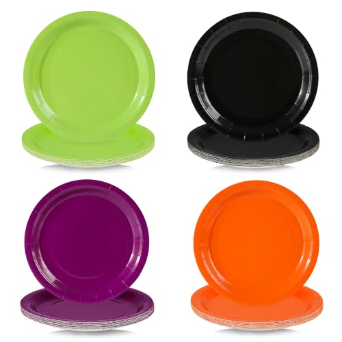 Halloween Paper Plates 7 Inch Set - Orange Green Purple Black 48 Pack - Festive Disposable Dinnerware