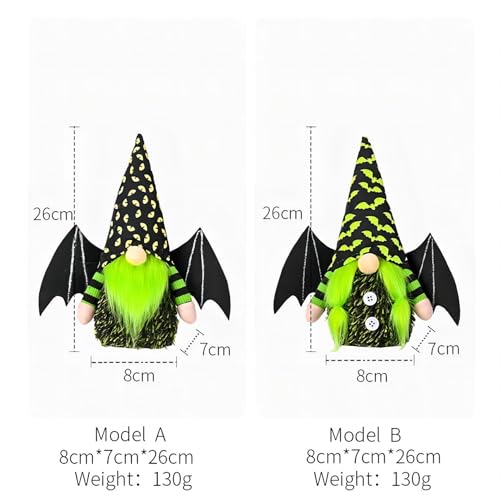 Halloween Bat Wing Gnome Decorations - Set of 2, Green Plush Gnomes with Black Hats - Handmade Holiday Home Decor - Bat Wing Variation