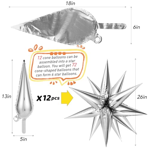 Silver Star Foil Balloons Set - Explosion 12-Point Cone Balloons for Wedding & Party Decor - Variation: Silver Star Cones