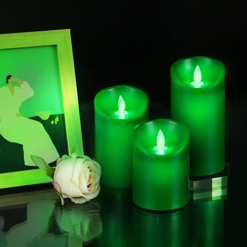 Green Flame LED Candles with Remote Control - Real Wax, Flameless, Battery Operated