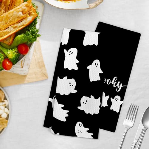 Halloween Ghost Kitchen Hand Towels Set of 2 - Black Spooky Decor, 16x24 Inches
