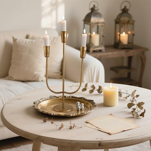 Vintage Cast Iron Candle Holder for 3 Taper Candles - Antique Gold Table Centerpiece